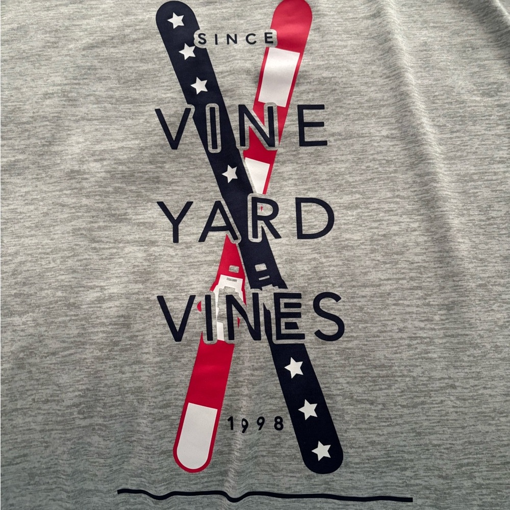 Vineyard Vines Gray Tee with Red and Black Ski Graphic.  Dri-fit material.